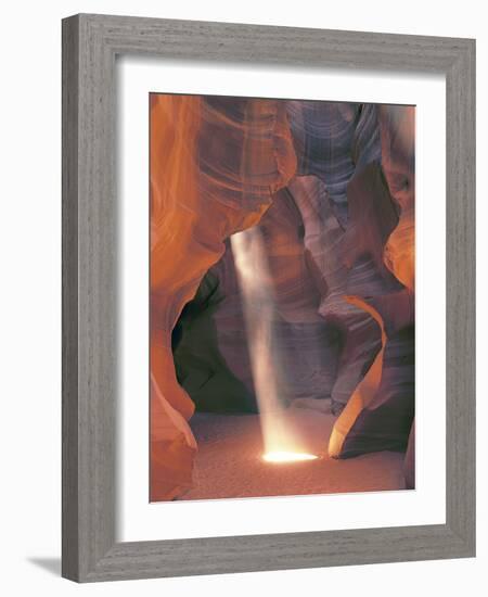 Sunbeam Illuminates Sandy Floor and Sandstone Walls of a Slot Canyon, Antelope Canyon, Page-Dennis Flaherty-Framed Photographic Print