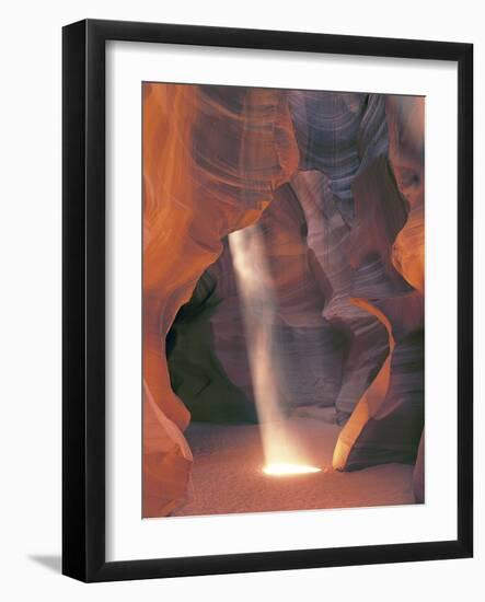 Sunbeam Illuminates Sandy Floor and Sandstone Walls of a Slot Canyon, Antelope Canyon, Page-Dennis Flaherty-Framed Photographic Print