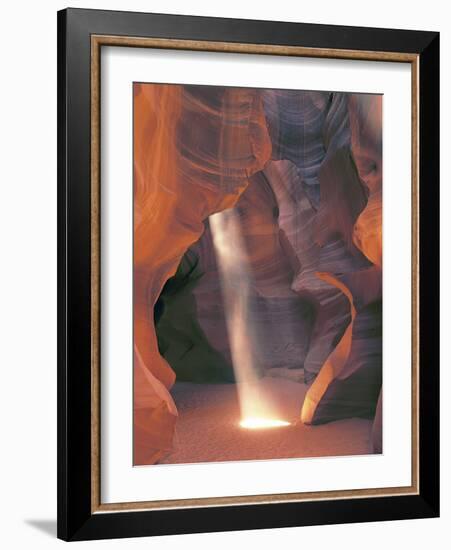 Sunbeam Illuminates Sandy Floor and Sandstone Walls of a Slot Canyon, Antelope Canyon, Page-Dennis Flaherty-Framed Photographic Print