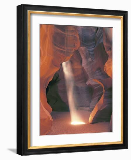 Sunbeam Illuminates Sandy Floor and Sandstone Walls of a Slot Canyon, Antelope Canyon, Page-Dennis Flaherty-Framed Photographic Print