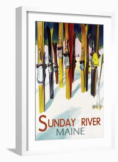 Sunday River, Maine - Colorful Skis - Lantern Press Artwork-Lantern Press-Framed Art Print