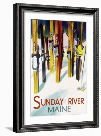 Sunday River, Maine - Colorful Skis - Lantern Press Artwork-Lantern Press-Framed Art Print