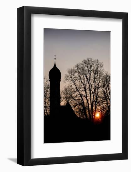 Sundown, Silhouette of Village Church and Tree with the Red Upper Bavaria-Rolf Roeckl-Framed Photographic Print