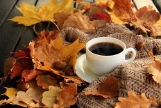 Autumn, Fall Leaves, Hot Steaming Cup of Coffee and a Warm Scarf on Wooden Table Background. Season-sunfe-Photographic Print