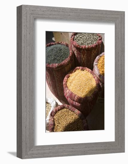 Sunflower seeds, blackcurrants, corn kernels, and roasted chickpeas in sacks, Mardin-Ali Kabas-Framed Photographic Print