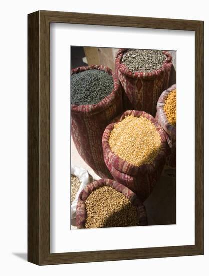 Sunflower seeds, blackcurrants, corn kernels, and roasted chickpeas in sacks, Mardin-Ali Kabas-Framed Photographic Print