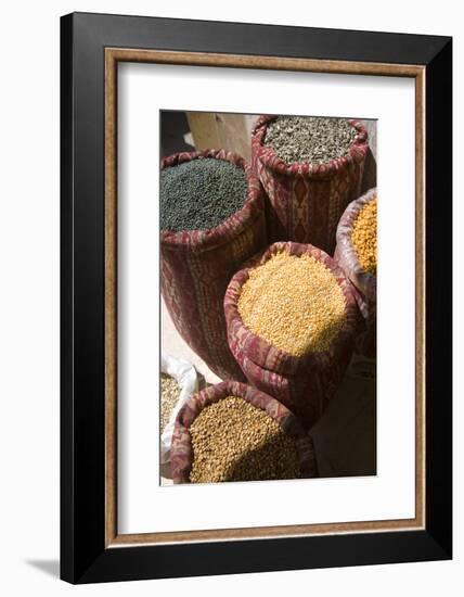 Sunflower seeds, blackcurrants, corn kernels, and roasted chickpeas in sacks, Mardin-Ali Kabas-Framed Photographic Print