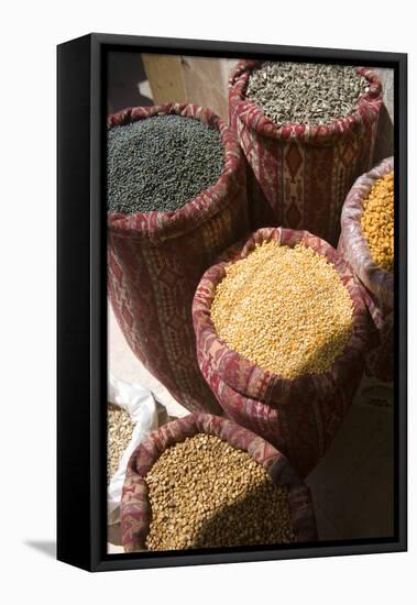 Sunflower seeds, blackcurrants, corn kernels, and roasted chickpeas in sacks, Mardin-Ali Kabas-Framed Premier Image Canvas