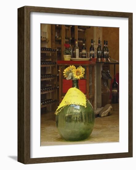 Sunflowers in front of small wine shop, Tuscany, Pienza, Italy-Adam Jones-Framed Photographic Print