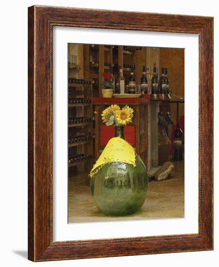 Sunflowers in front of small wine shop, Tuscany, Pienza, Italy-Adam Jones-Framed Photographic Print