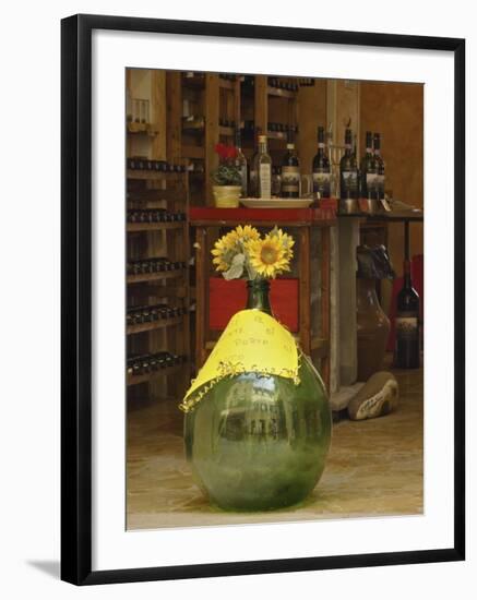 Sunflowers in front of small wine shop, Tuscany, Pienza, Italy-Adam Jones-Framed Photographic Print