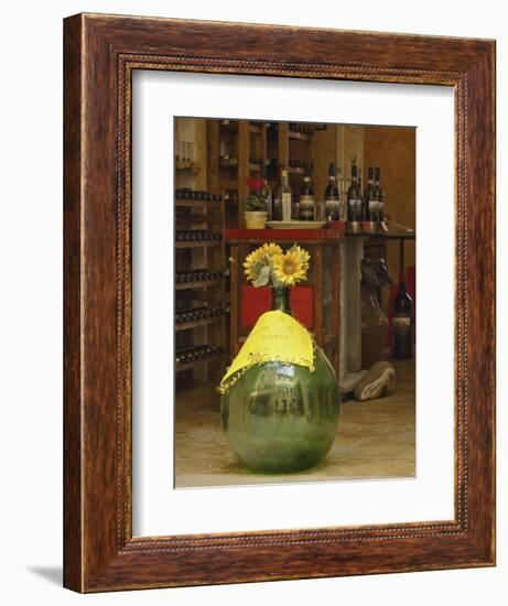 Sunflowers in front of small wine shop, Tuscany, Pienza, Italy-Adam Jones-Framed Photographic Print