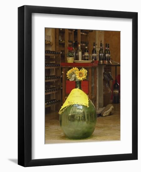 Sunflowers in front of small wine shop, Tuscany, Pienza, Italy-Adam Jones-Framed Photographic Print