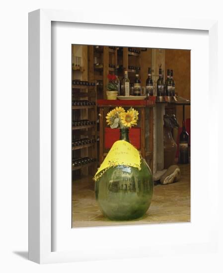 Sunflowers in front of small wine shop, Tuscany, Pienza, Italy-Adam Jones-Framed Photographic Print