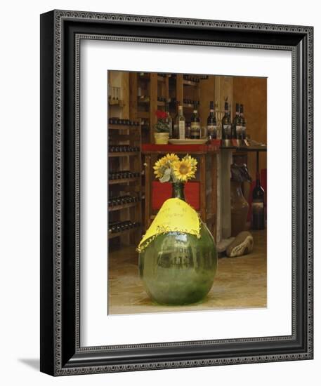 Sunflowers in front of small wine shop, Tuscany, Pienza, Italy-Adam Jones-Framed Photographic Print