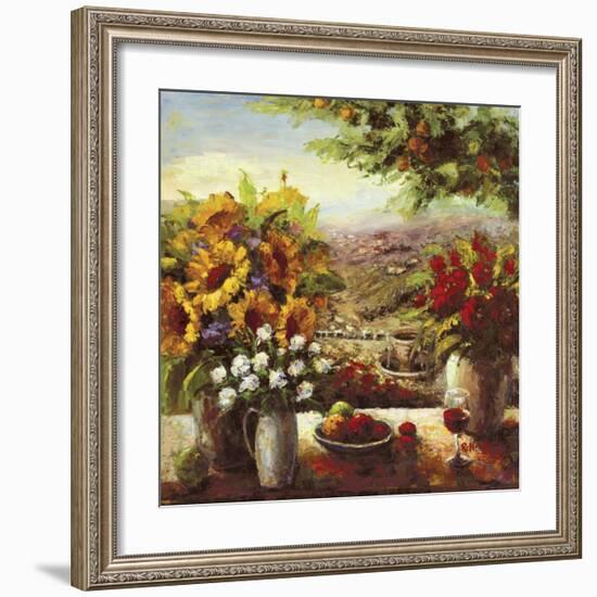 Sunflowers With Fruit And Wine I-null-Framed Art Print