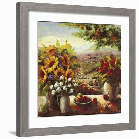 Sunflowers With Fruit And Wine I-null-Framed Art Print