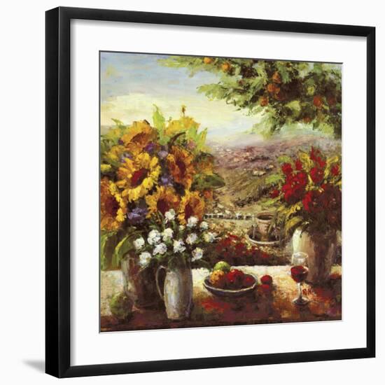 Sunflowers With Fruit And Wine I-null-Framed Art Print