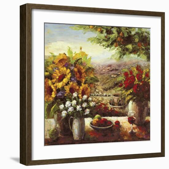 Sunflowers With Fruit And Wine I-null-Framed Art Print