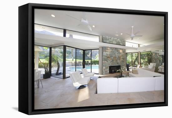 Sunken Seating Area and Exposed Stone Fireplace in Spacious Living Room with View-Nosnibor137-Framed Premier Image Canvas