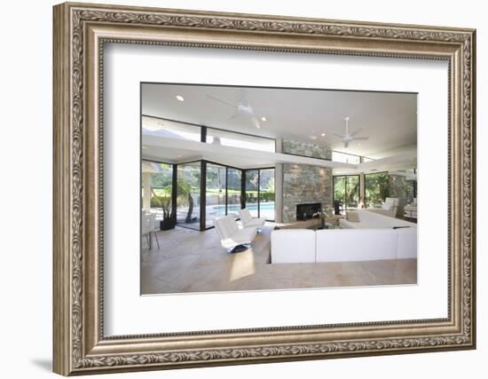 Sunken Seating Area and Exposed Stone Fireplace in Spacious Living Room with View-Nosnibor137-Framed Photographic Print