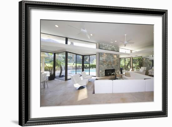 Sunken Seating Area and Exposed Stone Fireplace in Spacious Living Room with View-Nosnibor137-Framed Photographic Print