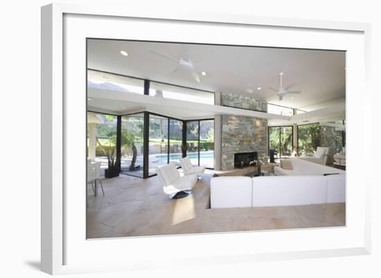 Sunken Seating Area and Exposed Stone Fireplace in Spacious Living Room with View-Nosnibor137-Framed Photographic Print