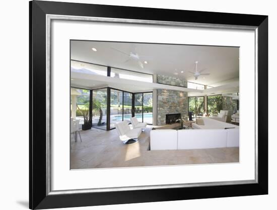 Sunken Seating Area and Exposed Stone Fireplace in Spacious Living Room with View-Nosnibor137-Framed Photographic Print