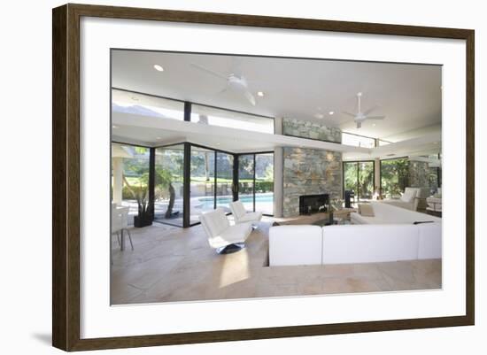 Sunken Seating Area and Exposed Stone Fireplace in Spacious Living Room with View-Nosnibor137-Framed Photographic Print