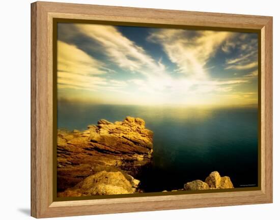 Sunlight Reflecting off Blue Waters off Cliffside-Jan Lakey-Framed Premier Image Canvas