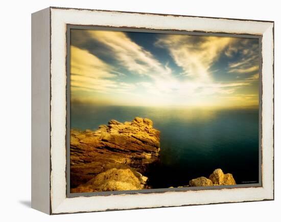 Sunlight Reflecting off Blue Waters off Cliffside-Jan Lakey-Framed Premier Image Canvas