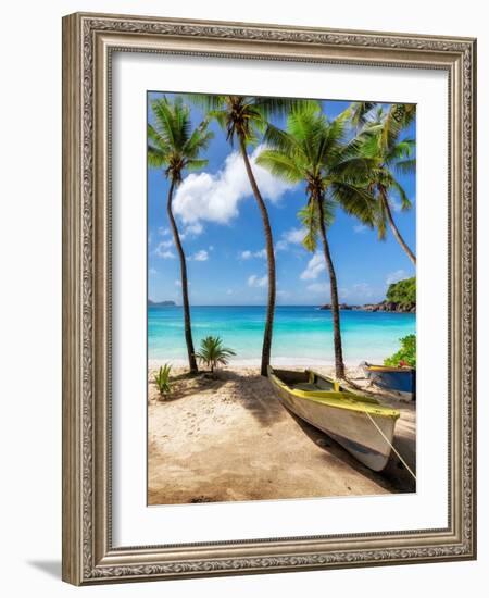 Sunny Tropical Beach and Turquoise Sea with Palm Trees and Fishing Boat in the Sand-lucky-photographer-Framed Photographic Print