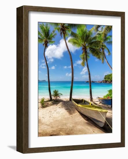 Sunny Tropical Beach and Turquoise Sea with Palm Trees and Fishing Boat in the Sand-lucky-photographer-Framed Photographic Print