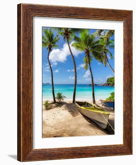 Sunny Tropical Beach and Turquoise Sea with Palm Trees and Fishing Boat in the Sand-lucky-photographer-Framed Photographic Print