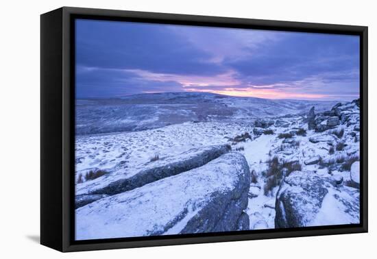 Sunrise Above a Snow Covered Moorland, Belstone Tor, Dartmoor National Park, Devon, England. Winter-Adam Burton-Framed Premier Image Canvas