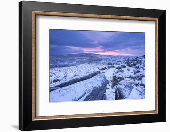 Sunrise Above a Snow Covered Moorland, Belstone Tor, Dartmoor National Park, Devon, England. Winter-Adam Burton-Framed Photographic Print