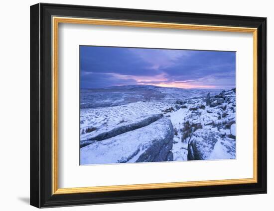 Sunrise Above a Snow Covered Moorland, Belstone Tor, Dartmoor National Park, Devon, England. Winter-Adam Burton-Framed Photographic Print