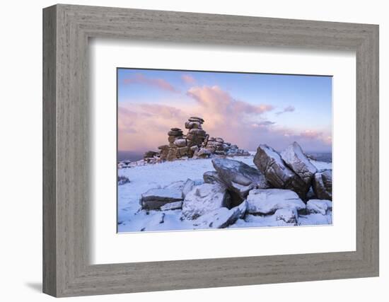 Sunrise Above Covered Rocks at Great Staple Tor, Dartmoor, Devon, England. Winter-Adam Burton-Framed Photographic Print