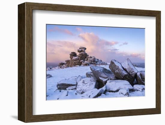 Sunrise Above Covered Rocks at Great Staple Tor, Dartmoor, Devon, England. Winter-Adam Burton-Framed Photographic Print