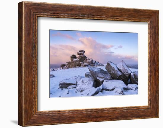 Sunrise Above Covered Rocks at Great Staple Tor, Dartmoor, Devon, England. Winter-Adam Burton-Framed Photographic Print