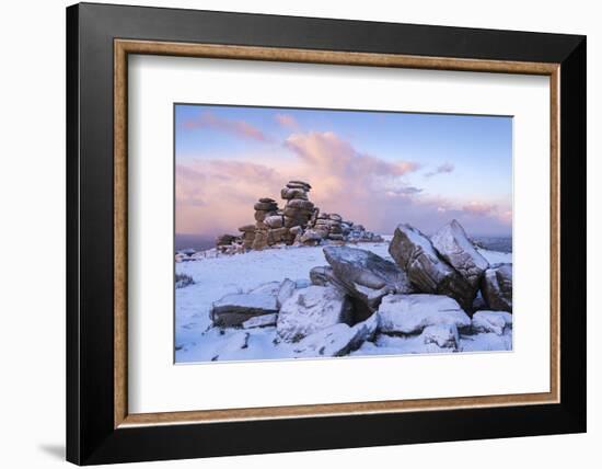 Sunrise Above Covered Rocks at Great Staple Tor, Dartmoor, Devon, England. Winter-Adam Burton-Framed Photographic Print