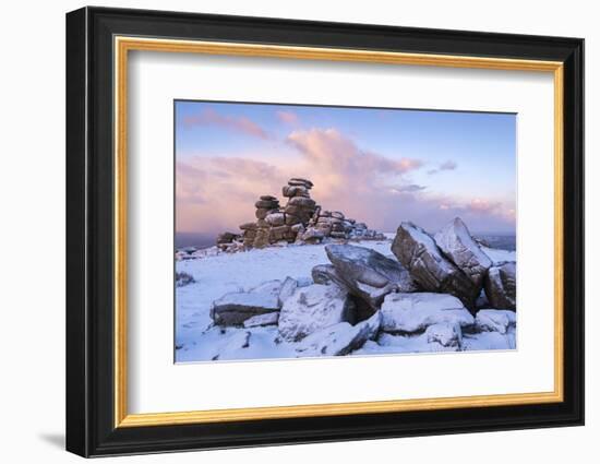 Sunrise Above Covered Rocks at Great Staple Tor, Dartmoor, Devon, England. Winter-Adam Burton-Framed Photographic Print