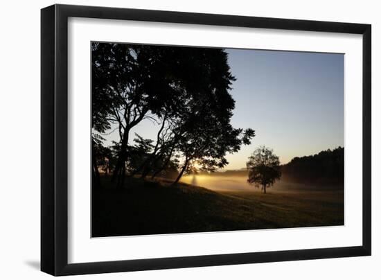Sunrise across the Trees and Fields with House Dellacher, Oberwart, Burgenland, Austria-Rainer Schoditsch-Framed Photographic Print