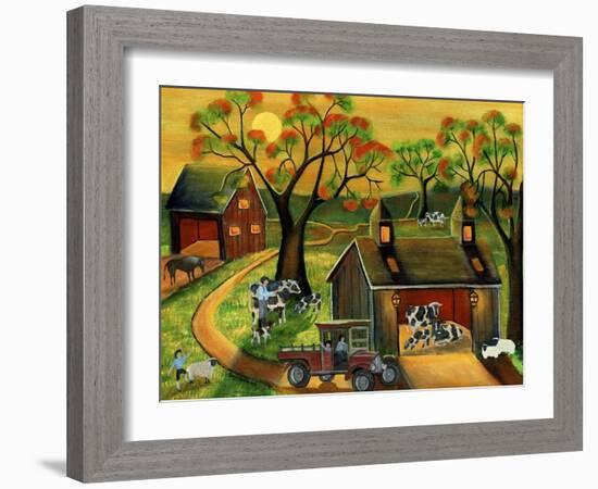 Sunrise Autumn Cow and Sheep Barnyard-Cheryl Bartley-Framed Giclee Print