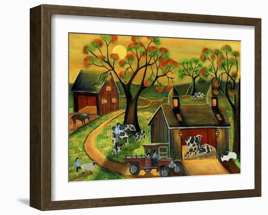 Sunrise Autumn Cow and Sheep Barnyard-Cheryl Bartley-Framed Giclee Print