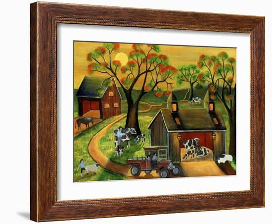 Sunrise Autumn Cow and Sheep Barnyard-Cheryl Bartley-Framed Giclee Print