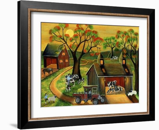 Sunrise Autumn Cow and Sheep Barnyard-Cheryl Bartley-Framed Giclee Print