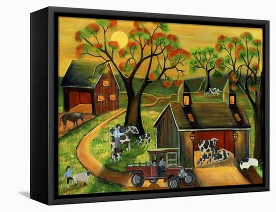 Sunrise Autumn Cow and Sheep Barnyard-Cheryl Bartley-Framed Premier Image Canvas