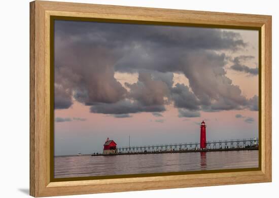 Sunrise Clouds over Lake Michigan and the Grand Haven Lighthouse in Grand Haven, Michigan, Usa-Chuck Haney-Framed Premier Image Canvas