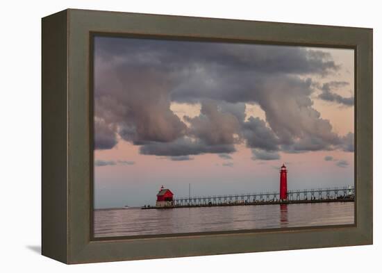 Sunrise Clouds over Lake Michigan and the Grand Haven Lighthouse in Grand Haven, Michigan, Usa-Chuck Haney-Framed Premier Image Canvas